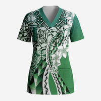 Aloha Vintage Plumeria Hawaiian Tapa Pattern Scrub Top Green Hawaiian Tapa Pattern LT9 Adult Green - Polynesian Pride
