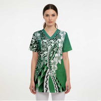 Aloha Vintage Plumeria Hawaiian Tapa Pattern Scrub Top Green Hawaiian Tapa Pattern LT9 - Polynesian Pride