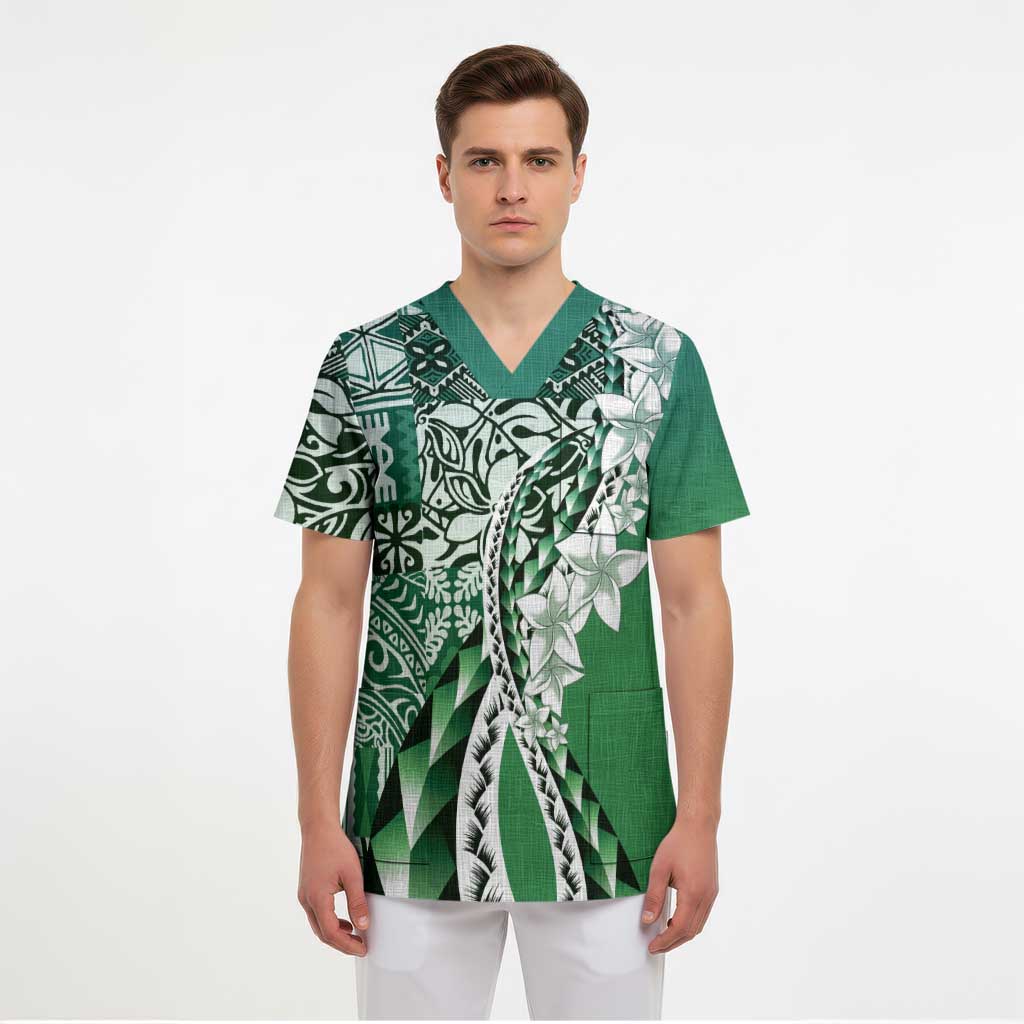 Aloha Vintage Plumeria Hawaiian Tapa Pattern Scrub Top Green Hawaiian Tapa Pattern LT9 - Polynesian Pride