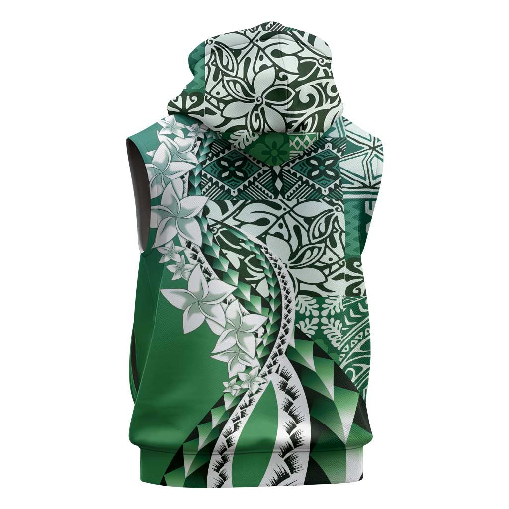 Aloha Vintage Plumeria Hawaiian Tapa Pattern Sleeveless Zip Hoodie Green Hawaiian Tapa Pattern - Polynesian Pride