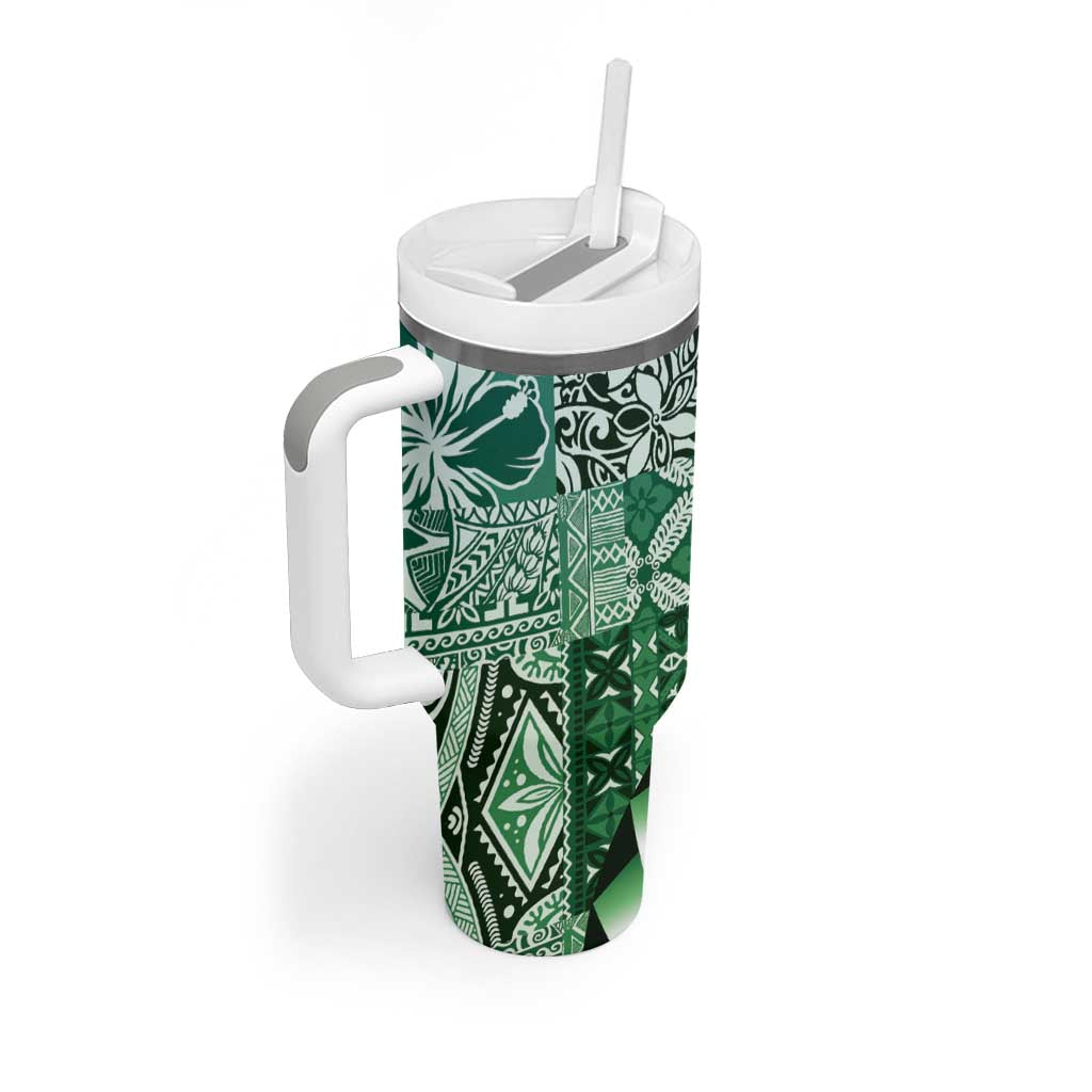 Aloha Vintage Plumeria Hawaiian Tapa Pattern Tumbler With Handle Green Hawaiian Tapa Pattern - Polynesian Pride