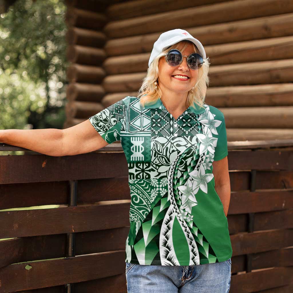 Aloha Vintage Plumeria Hawaiian Tapa Pattern Women Polo Shirt Green Hawaiian Tapa Pattern - Polynesian Pride