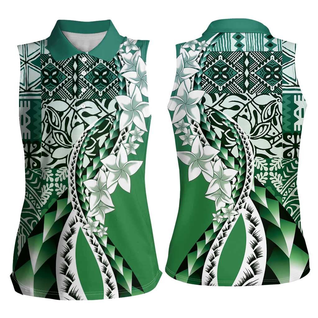 Aloha Vintage Plumeria Hawaiian Tapa Pattern Women Sleeveless Polo Shirt Green Hawaiian Tapa Pattern - Polynesian Pride