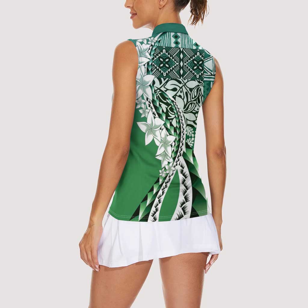Aloha Vintage Plumeria Hawaiian Tapa Pattern Women Sleeveless Polo Shirt Green Hawaiian Tapa Pattern - Polynesian Pride