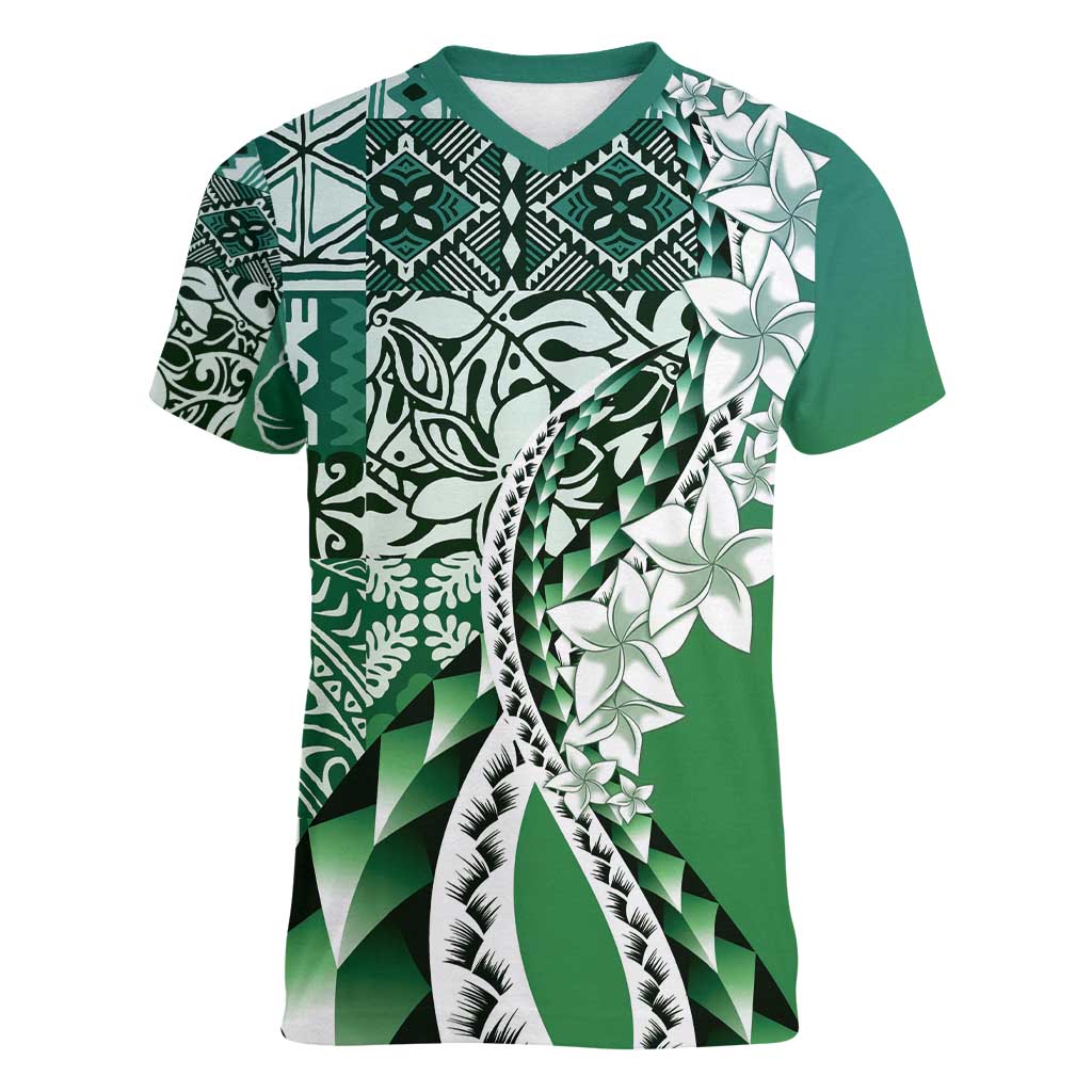 Aloha Vintage Plumeria Hawaiian Tapa Pattern Women V-Neck T-Shirt Green Hawaiian Tapa Pattern - Polynesian Pride
