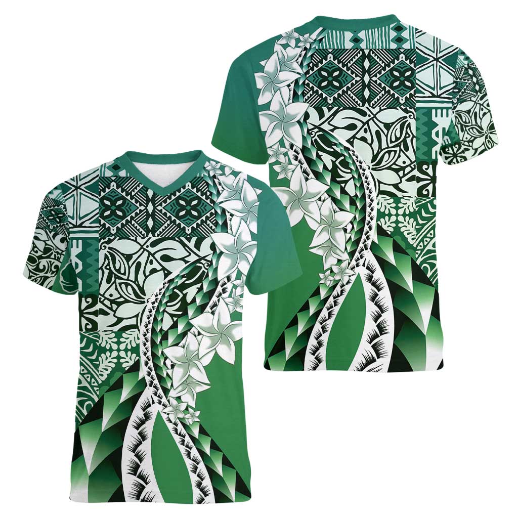 Aloha Vintage Plumeria Hawaiian Tapa Pattern Women V-Neck T-Shirt Green Hawaiian Tapa Pattern - Polynesian Pride