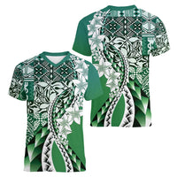 Aloha Vintage Plumeria Hawaiian Tapa Pattern Women V-Neck T-Shirt Green Hawaiian Tapa Pattern - Polynesian Pride