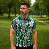 Aloha Vintage Plumeria Hawaiian Tapa Pattern Zipper Polo Shirt Green Hawaiian Tapa Pattern - Polynesian Pride