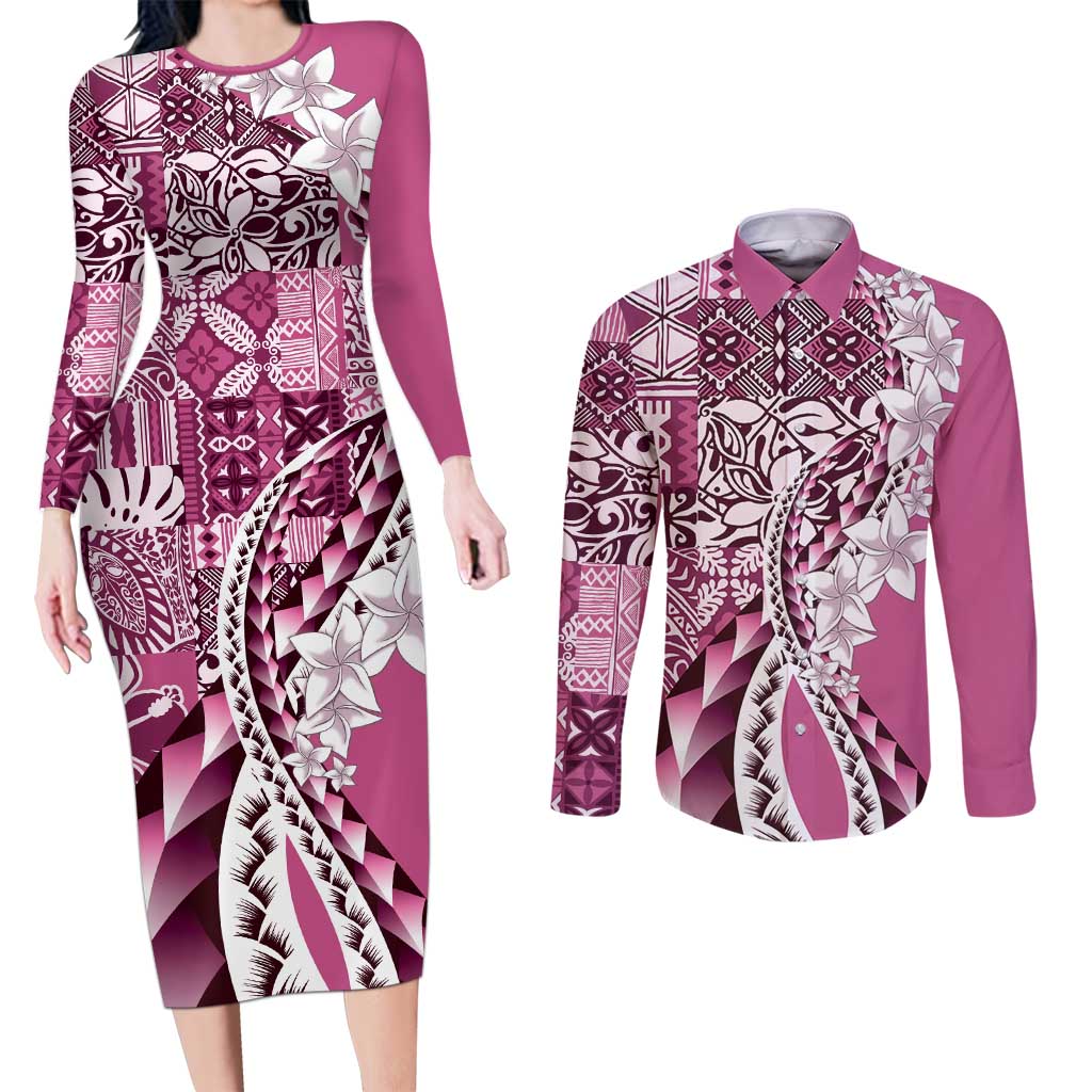 Aloha Vintage Plumeria Hawaiian Tapa Pattern Couples Matching Long Sleeve Bodycon Dress and Long Sleeve Button Shirt Pink Hawaiian Tapa Pattern - Polynesian Pride