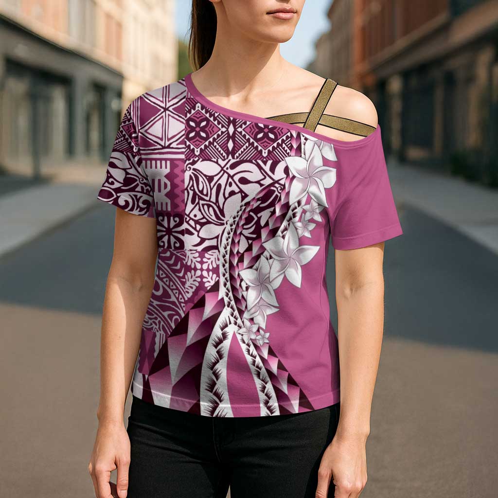 Aloha Vintage Plumeria Hawaiian Tapa Pattern Cross Shoulder Shirt Pink Hawaiian Tapa Pattern - Polynesian Pride