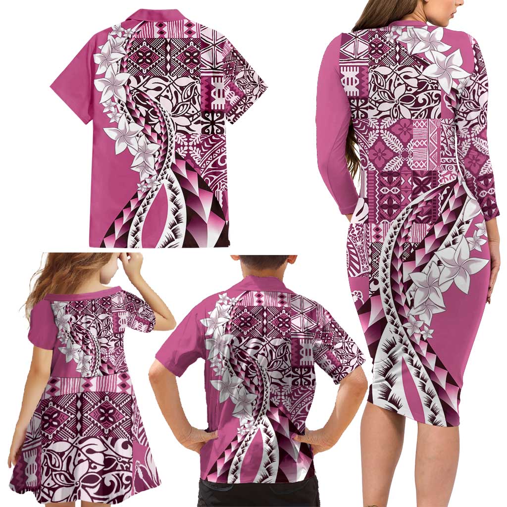 Aloha Vintage Plumeria Hawaiian Tapa Pattern Family Matching Long Sleeve Bodycon Dress and Hawaiian Shirt Pink Hawaiian Tapa Pattern - Polynesian Pride