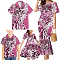 Aloha Vintage Plumeria Hawaiian Tapa Pattern Family Matching Mermaid Dress and Hawaiian Shirt Pink Hawaiian Tapa Pattern - Polynesian Pride