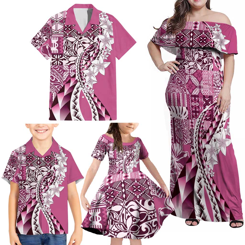 Aloha Vintage Plumeria Hawaiian Tapa Pattern Family Matching Off Shoulder Maxi Dress and Hawaiian Shirt Pink Hawaiian Tapa Pattern - Polynesian Pride