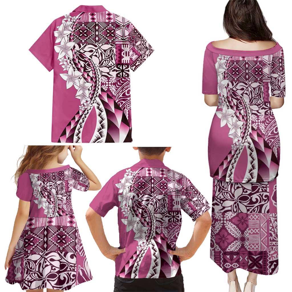 Aloha Vintage Plumeria Hawaiian Tapa Pattern Family Matching Puletasi and Hawaiian Shirt Pink Hawaiian Tapa Pattern - Polynesian Pride