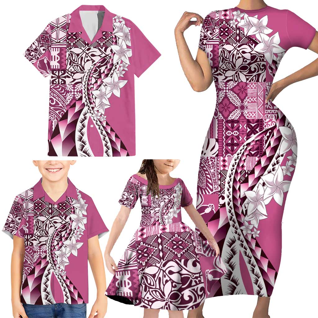 Aloha Vintage Plumeria Hawaiian Tapa Pattern Family Matching Short Sleeve Bodycon Dress and Hawaiian Shirt Pink Hawaiian Tapa Pattern - Polynesian Pride