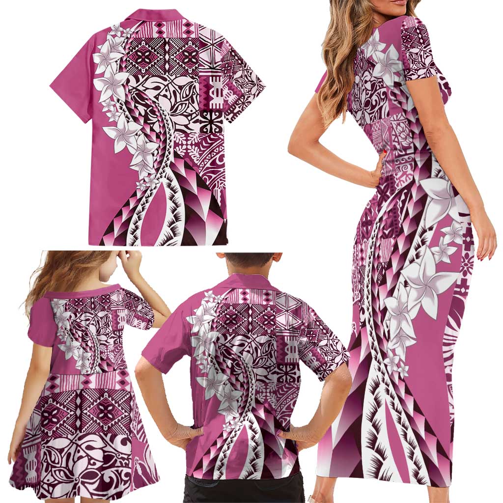 Aloha Vintage Plumeria Hawaiian Tapa Pattern Family Matching Short Sleeve Bodycon Dress and Hawaiian Shirt Pink Hawaiian Tapa Pattern - Polynesian Pride