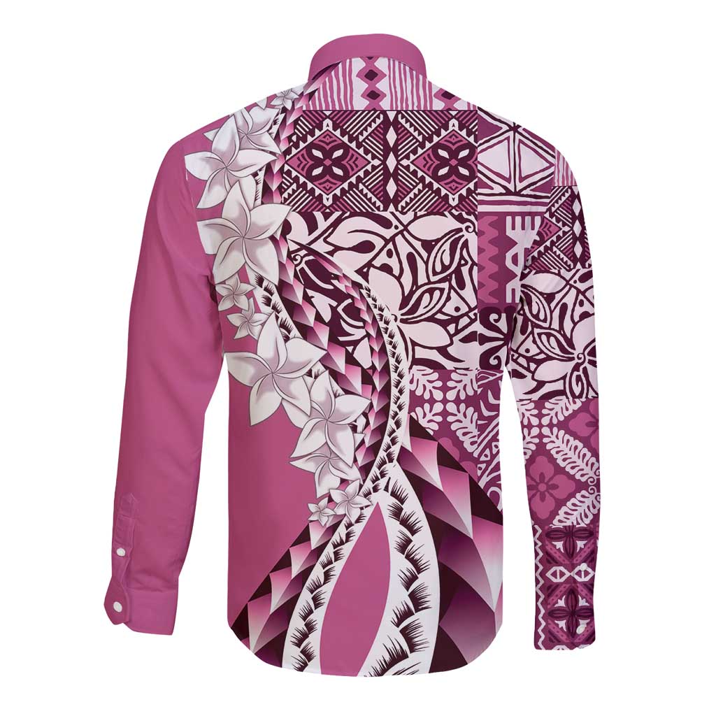 Aloha Vintage Plumeria Hawaiian Tapa Pattern Long Sleeve Button Shirt Pink Hawaiian Tapa Pattern - Polynesian Pride