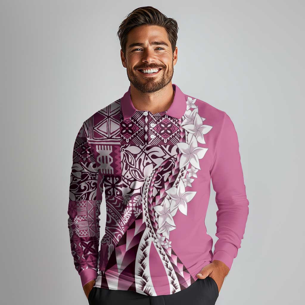 Aloha Vintage Plumeria Hawaiian Tapa Pattern Long Sleeve Polo Shirt Pink Hawaiian Tapa Pattern - Polynesian Pride