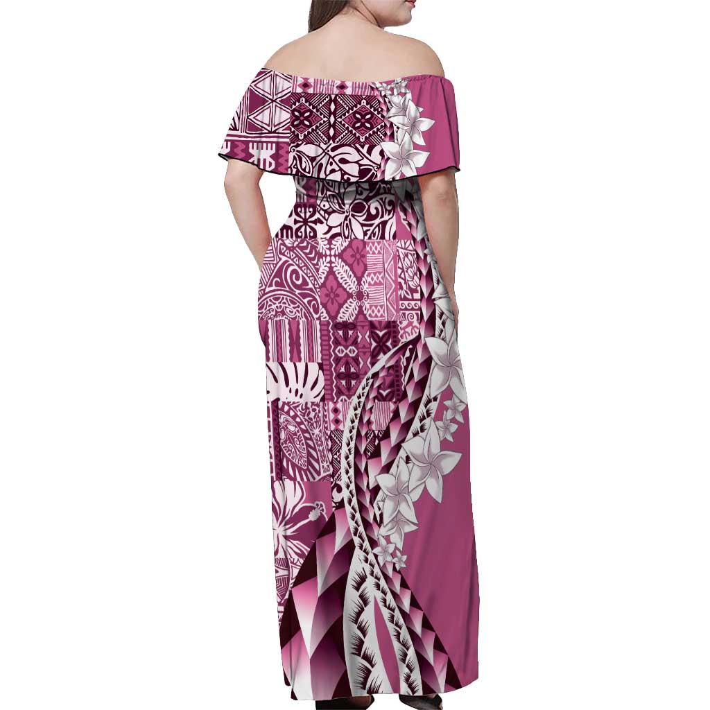 Aloha Vintage Plumeria Hawaiian Tapa Pattern Off Shoulder Maxi Dress Pink Hawaiian Tapa Pattern - Polynesian Pride