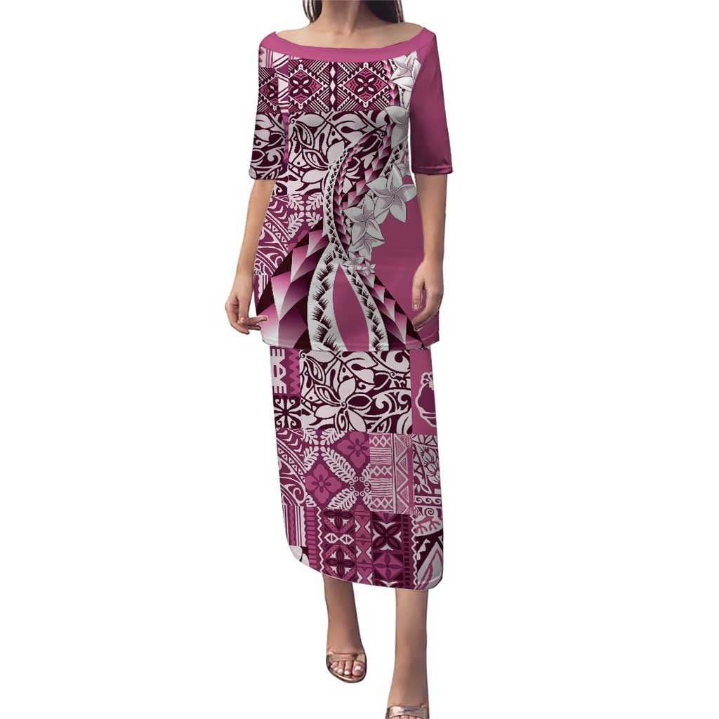 Aloha Vintage Plumeria Hawaiian Tapa Pattern Puletasi Pink Hawaiian Tapa Pattern LT9 Long Dress Pink - Polynesian Pride