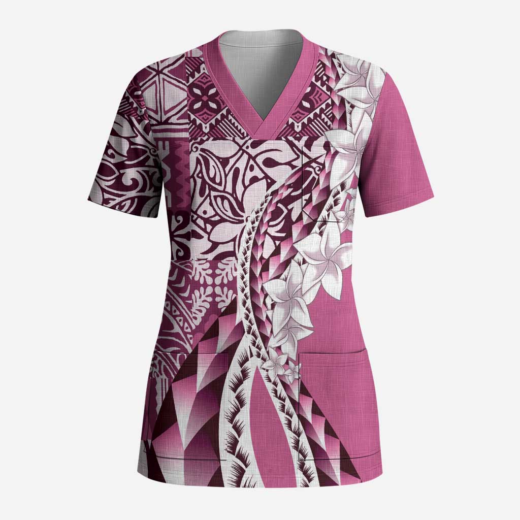 Aloha Vintage Plumeria Hawaiian Tapa Pattern Scrub Top Pink Hawaiian Tapa Pattern - Polynesian Pride