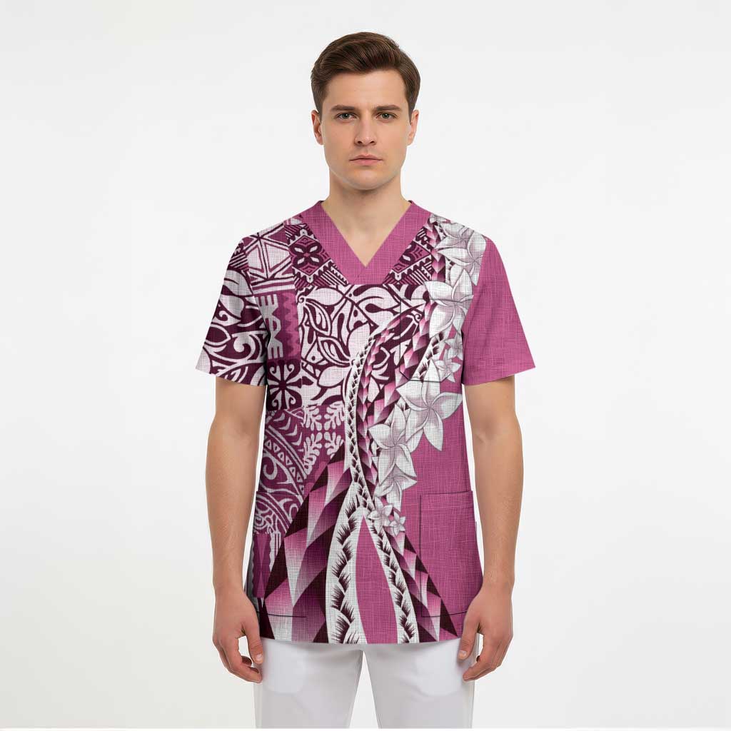 Aloha Vintage Plumeria Hawaiian Tapa Pattern Scrub Top Pink Hawaiian Tapa Pattern LT9 - Polynesian Pride