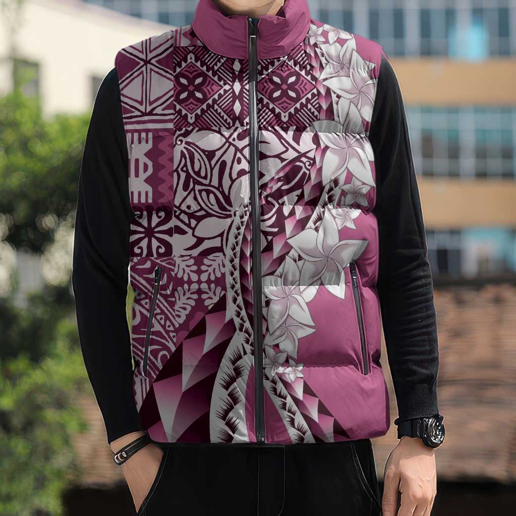 Aloha Vintage Plumeria Hawaiian Tapa Pattern Sleeveless Puffer Jacket Pink Hawaiian Tapa Pattern LT9 - Polynesian Pride