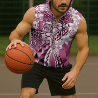 Aloha Vintage Plumeria Hawaiian Tapa Pattern Sleeveless Zip Hoodie Pink Hawaiian Tapa Pattern - Polynesian Pride