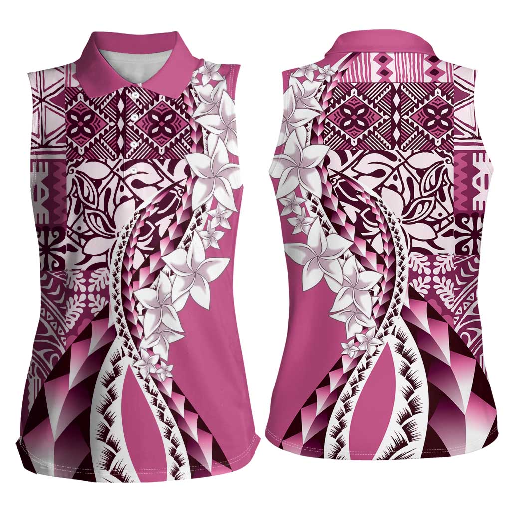 Aloha Vintage Plumeria Hawaiian Tapa Pattern Women Sleeveless Polo Shirt Pink Hawaiian Tapa Pattern - Polynesian Pride