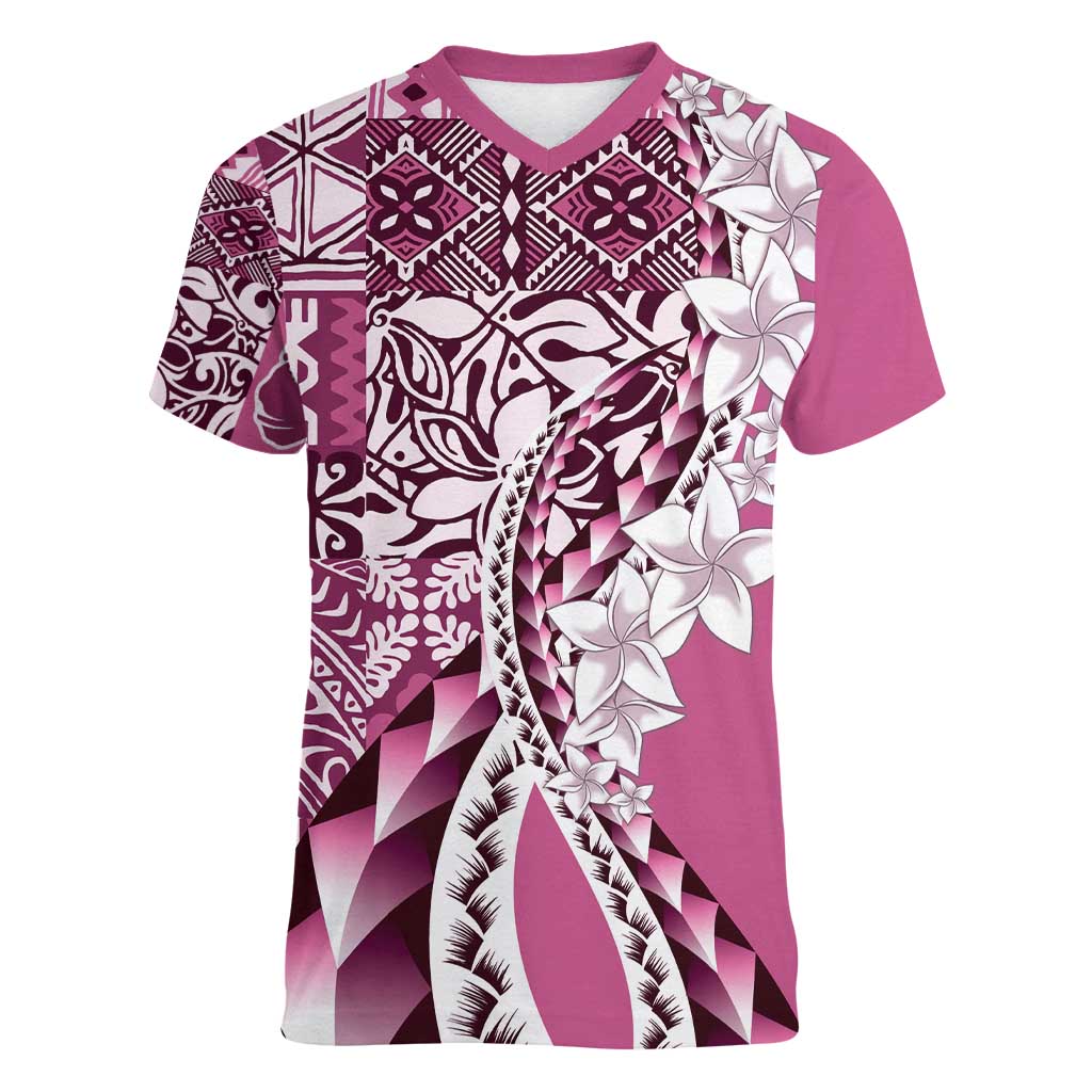 Aloha Vintage Plumeria Hawaiian Tapa Pattern Women V-Neck T-Shirt Pink Hawaiian Tapa Pattern - Polynesian Pride