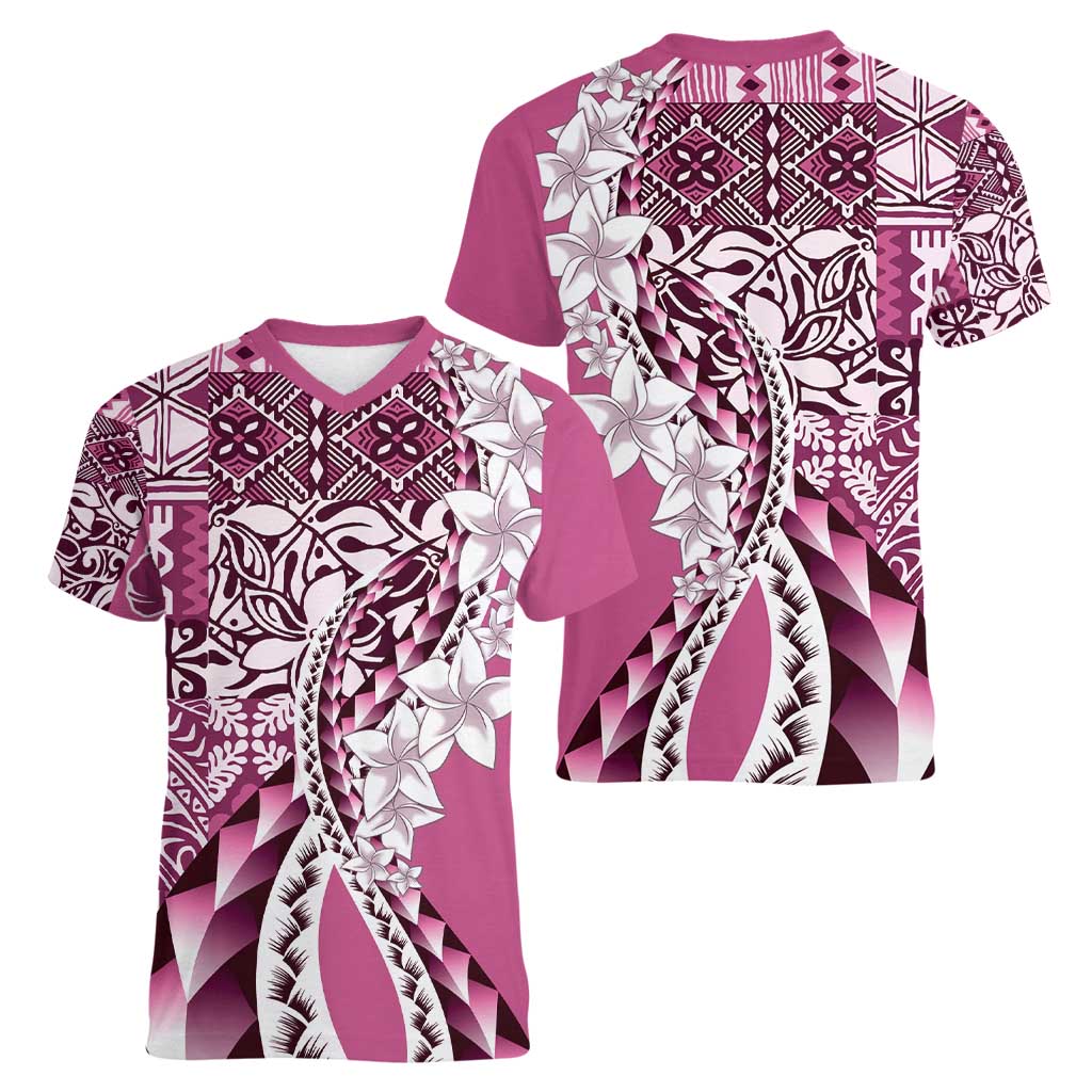 Aloha Vintage Plumeria Hawaiian Tapa Pattern Women V-Neck T-Shirt Pink Hawaiian Tapa Pattern - Polynesian Pride