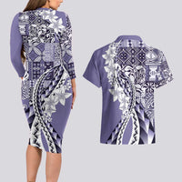 Aloha Vintage Plumeria Hawaiian Tapa Pattern Couples Matching Long Sleeve Bodycon Dress and Hawaiian Shirt Purple Hawaiian Tapa Pattern - Polynesian Pride