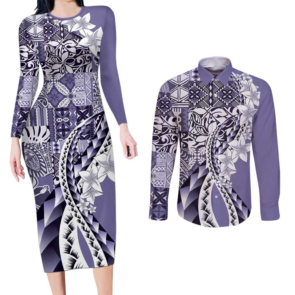 Aloha Vintage Plumeria Hawaiian Tapa Pattern Couples Matching Long Sleeve Bodycon Dress and Long Sleeve Button Shirt Purple Hawaiian Tapa Pattern - Polynesian Pride