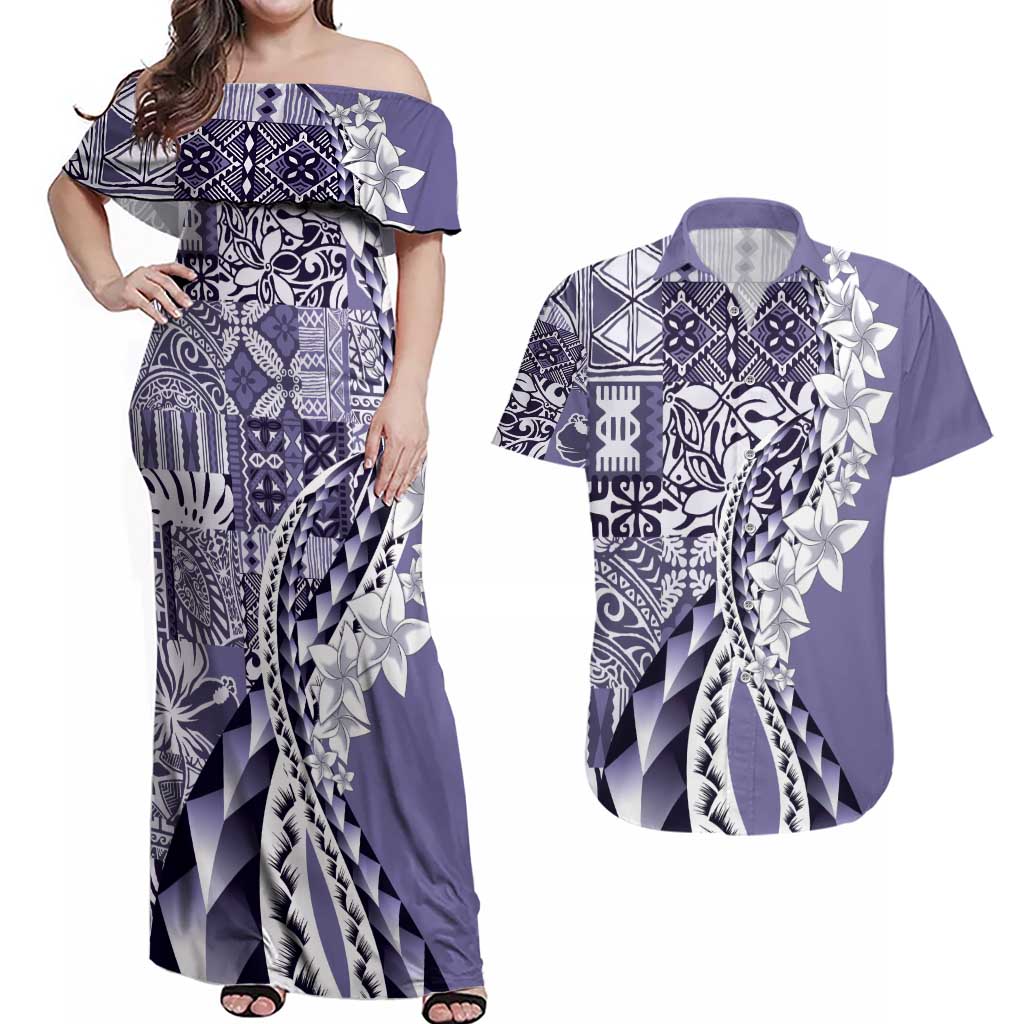 Aloha Vintage Plumeria Hawaiian Tapa Pattern Couples Matching Off Shoulder Maxi Dress and Hawaiian Shirt Purple Hawaiian Tapa Pattern - Polynesian Pride