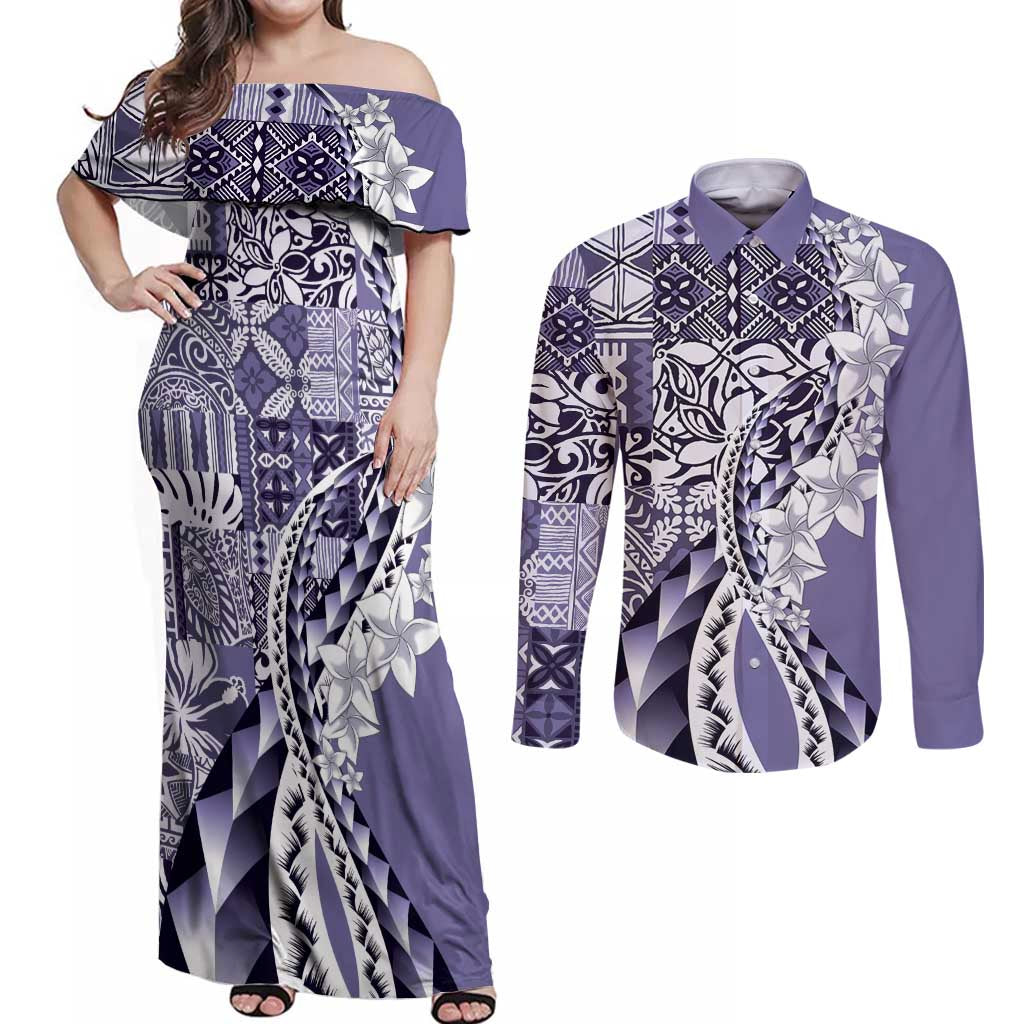 Aloha Vintage Plumeria Hawaiian Tapa Pattern Couples Matching Off Shoulder Maxi Dress and Long Sleeve Button Shirt Purple Hawaiian Tapa Pattern - Polynesian Pride