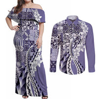 Aloha Vintage Plumeria Hawaiian Tapa Pattern Couples Matching Off Shoulder Maxi Dress and Long Sleeve Button Shirt Purple Hawaiian Tapa Pattern - Polynesian Pride