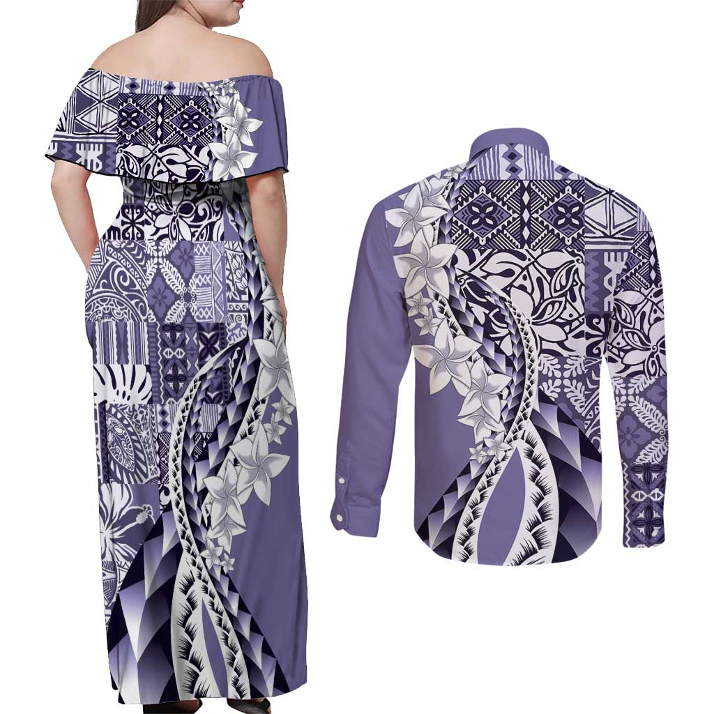 Aloha Vintage Plumeria Hawaiian Tapa Pattern Couples Matching Off Shoulder Maxi Dress and Long Sleeve Button Shirt Purple Hawaiian Tapa Pattern - Polynesian Pride