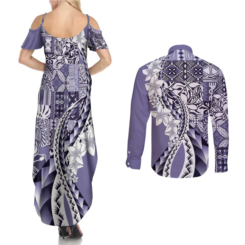 Aloha Vintage Plumeria Hawaiian Tapa Pattern Couples Matching Summer Maxi Dress and Long Sleeve Button Shirt Purple Hawaiian Tapa Pattern - Polynesian Pride