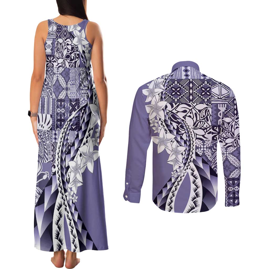 Aloha Vintage Plumeria Hawaiian Tapa Pattern Couples Matching Tank Maxi Dress and Long Sleeve Button Shirt Purple Hawaiian Tapa Pattern - Polynesian Pride