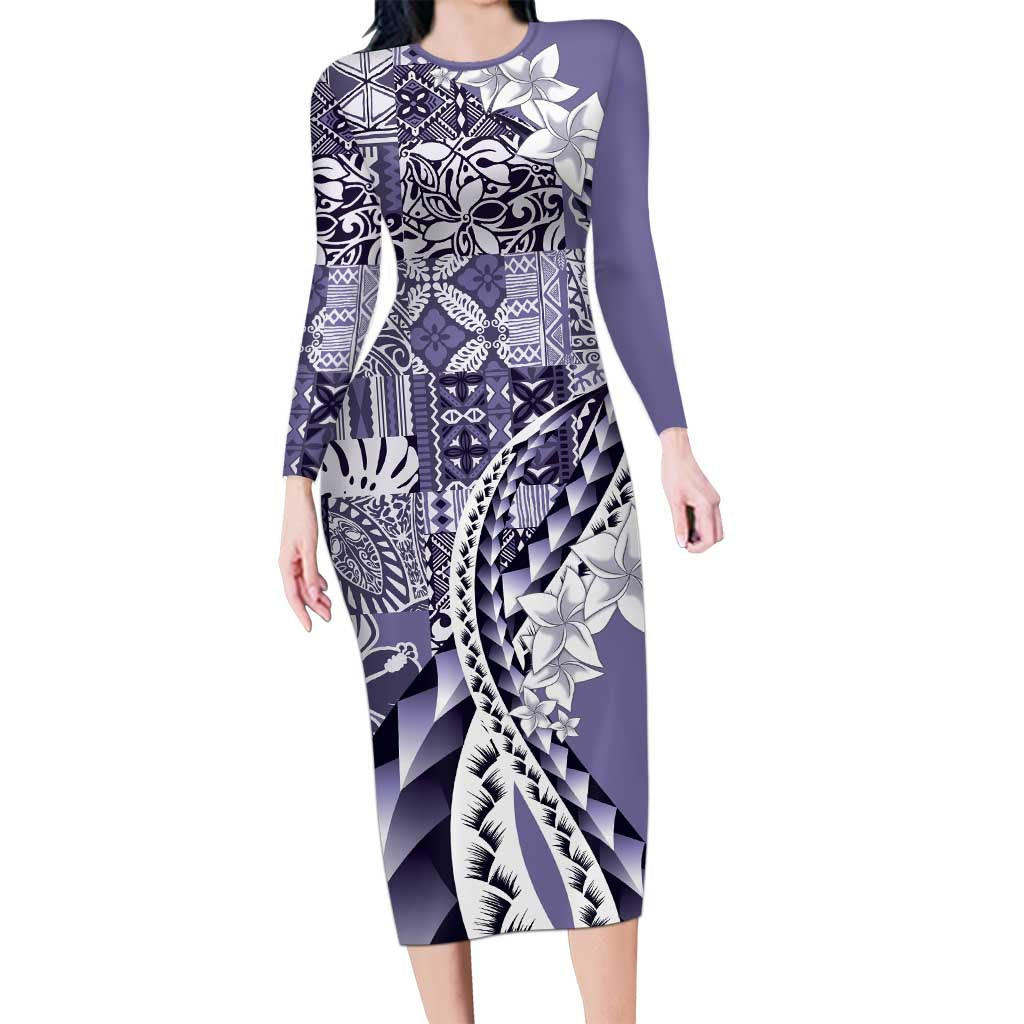 Aloha Vintage Plumeria Hawaiian Tapa Pattern Family Matching Long Sleeve Bodycon Dress and Hawaiian Shirt Purple Hawaiian Tapa Pattern - Polynesian Pride