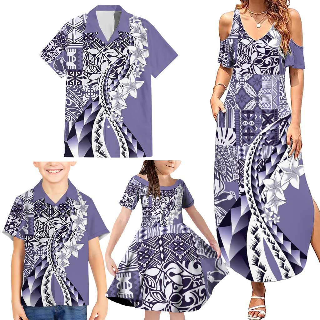 Aloha Vintage Plumeria Hawaiian Tapa Pattern Family Matching Summer Maxi Dress and Hawaiian Shirt Purple Hawaiian Tapa Pattern - Polynesian Pride