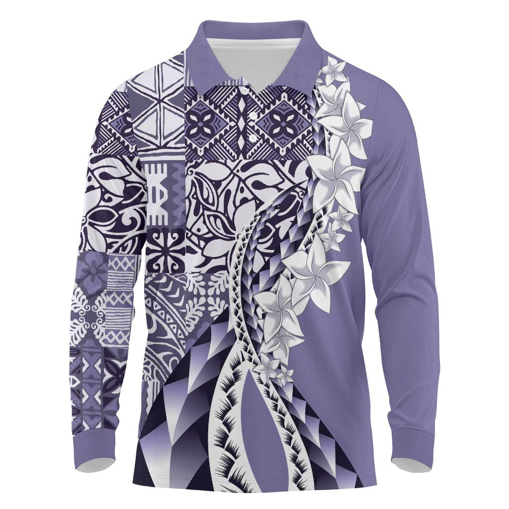 Aloha Vintage Plumeria Hawaiian Tapa Pattern Long Sleeve Polo Shirt Purple Hawaiian Tapa Pattern - Polynesian Pride