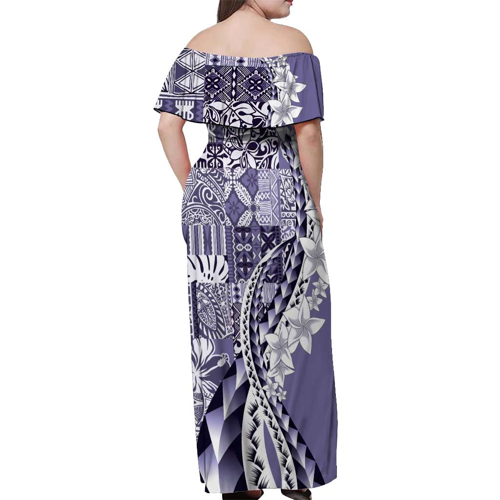 Aloha Vintage Plumeria Hawaiian Tapa Pattern Off Shoulder Maxi Dress Purple Hawaiian Tapa Pattern - Polynesian Pride