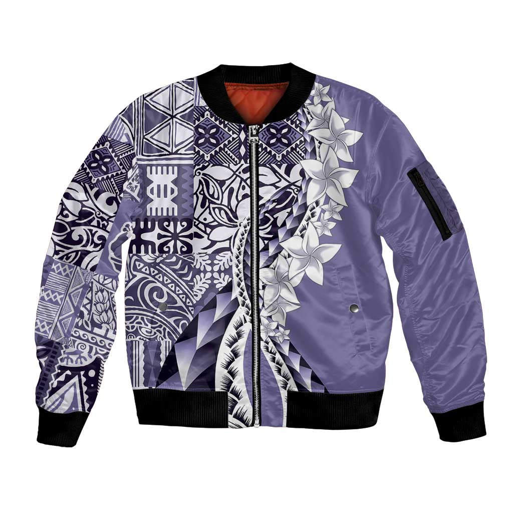 Aloha Vintage Plumeria Hawaiian Tapa Pattern Sleeve Zip Bomber Jacket Purple Hawaiian Tapa Pattern - Polynesian Pride