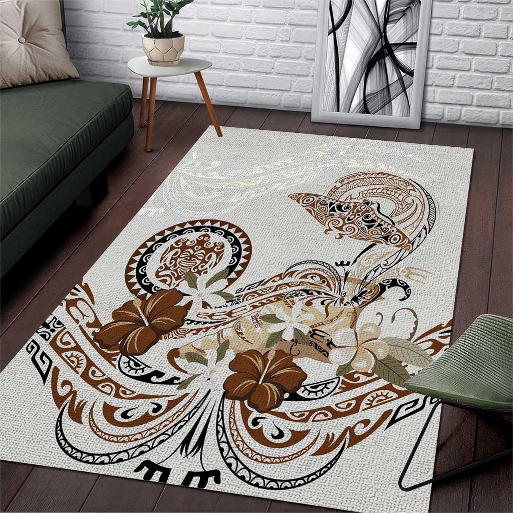 Polynesian Manta Ray Area Rug Beige Floral Turtle Tattoo - Polynesian Pride