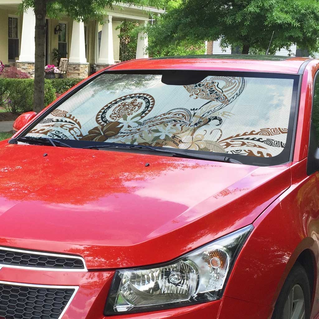 Polynesian Manta Ray Auto Sun Shade Beige Floral Turtle Tattoo - Polynesian Pride