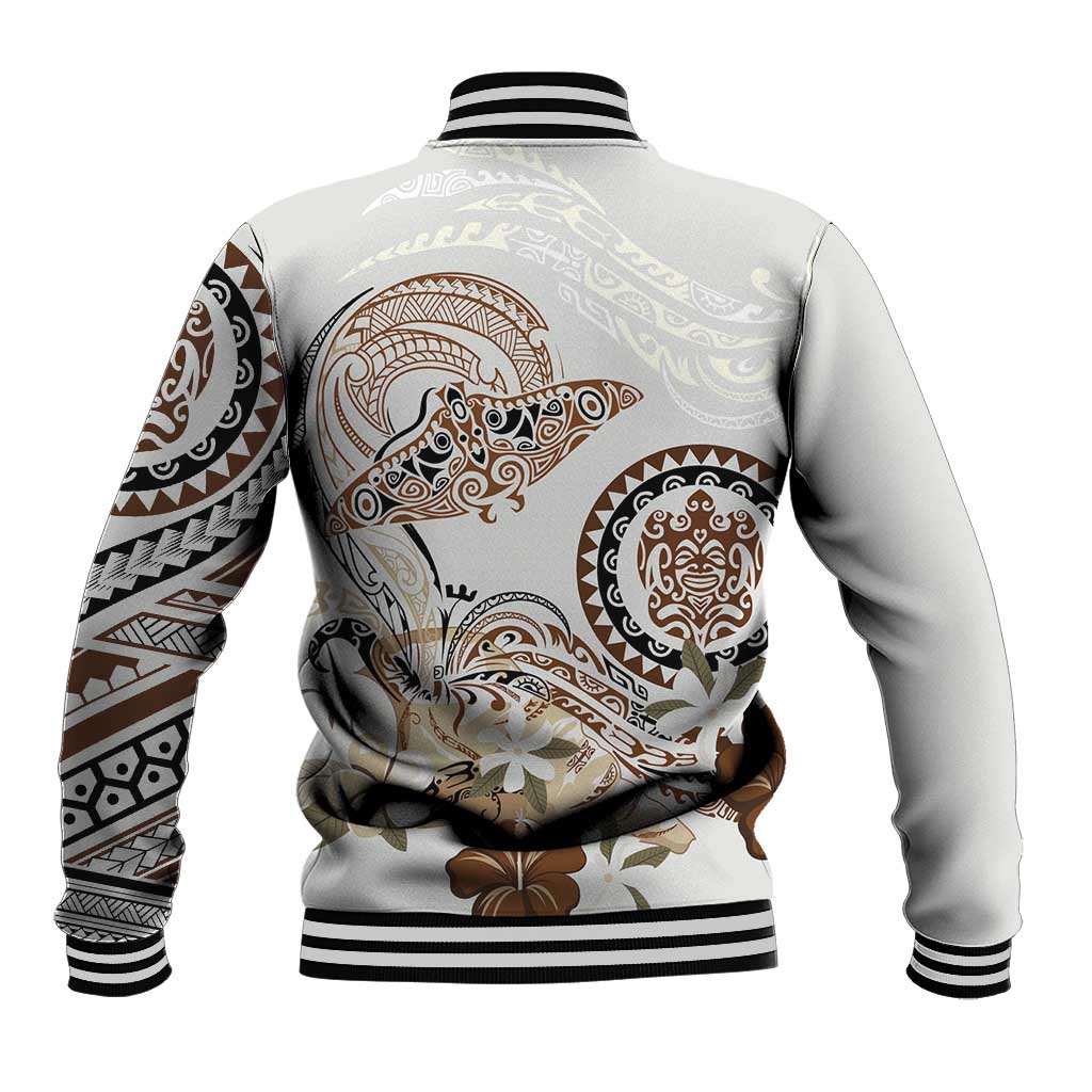 Polynesian Manta Ray Baseball Jacket Beige Floral Turtle Tattoo - Polynesian Pride