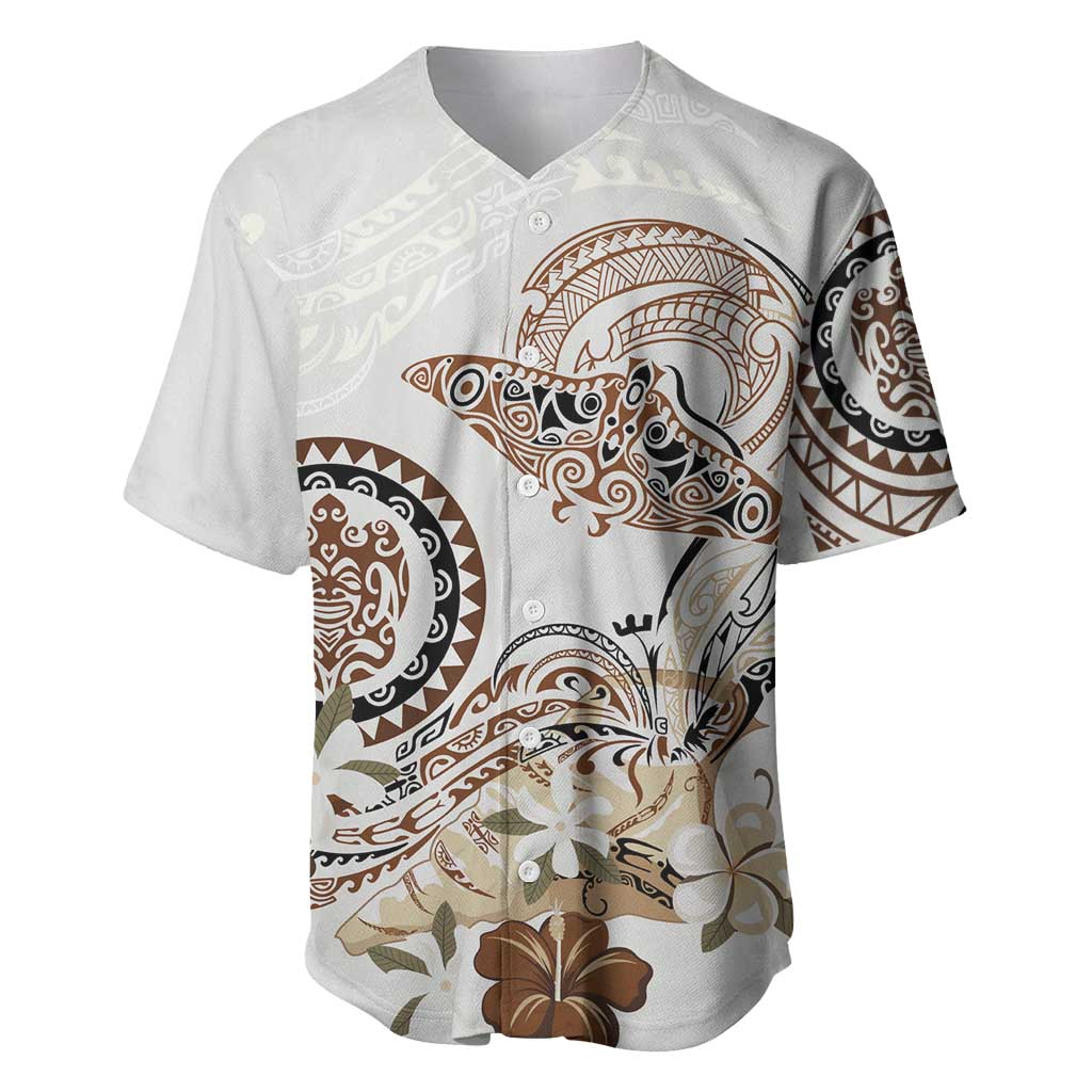 Polynesian Manta Ray Baseball Jersey Beige Floral Turtle Tattoo - Polynesian Pride