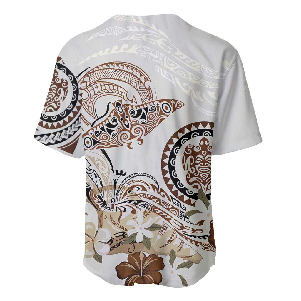 Polynesian Manta Ray Baseball Jersey Beige Floral Turtle Tattoo - Polynesian Pride