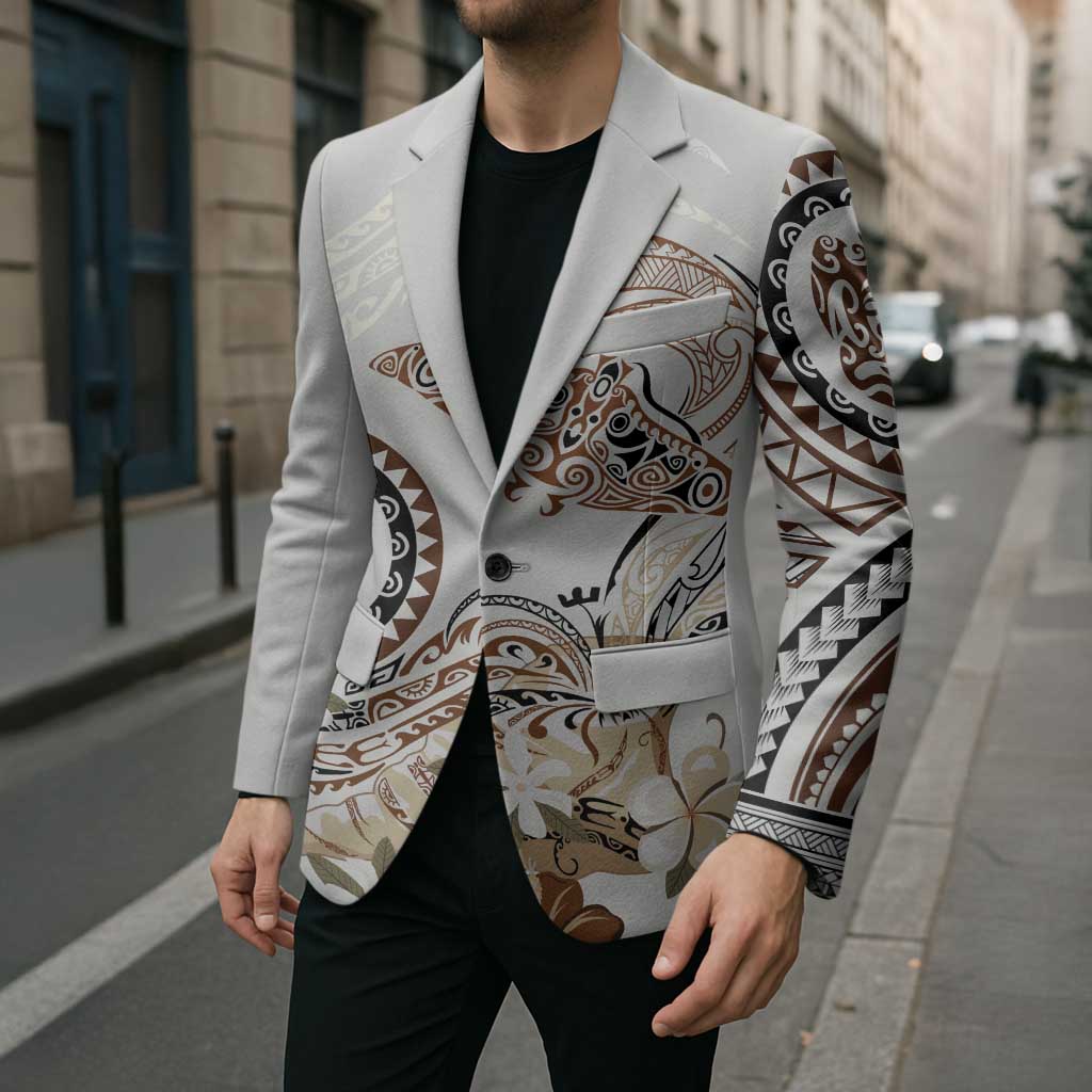 Polynesian Manta Ray Blazer Beige Floral Turtle Tattoo - Polynesian Pride